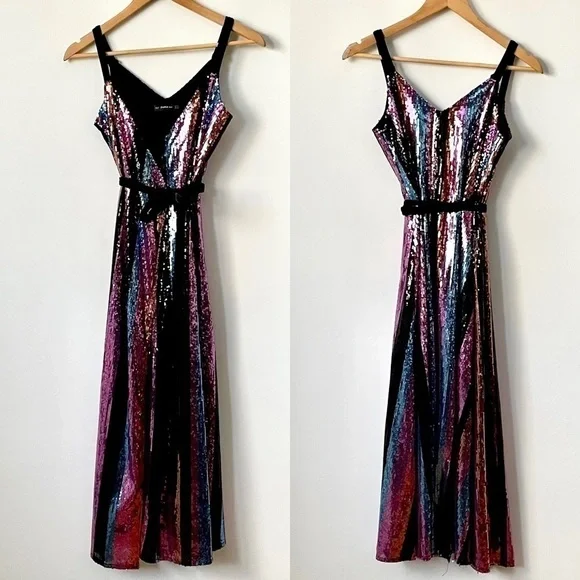 SOLD Zara Sequin Stripe Midi Wrap Dress, Sz Small - Picture 9 of 16